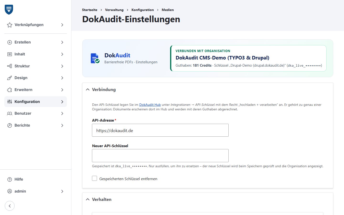 Recreated view of the live demo: DokAudit settings in the Drupal administration of the sample municipality Musterstadt (in German, Configuration → Media): connected organisation with credit balance and masked API key, below it the API address and a field for a new key