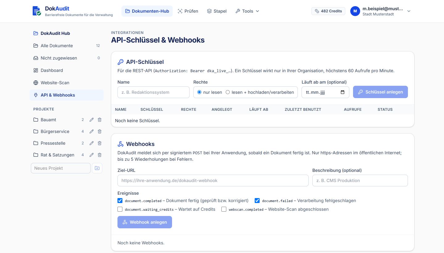 “API & Webhooks” area in the Hub: API keys with “read only” or “read + upload/process” permissions, expiry date, webhooks for finished documents; on the left the projects Building department, Citizen services, Press office and Council & bylaws.