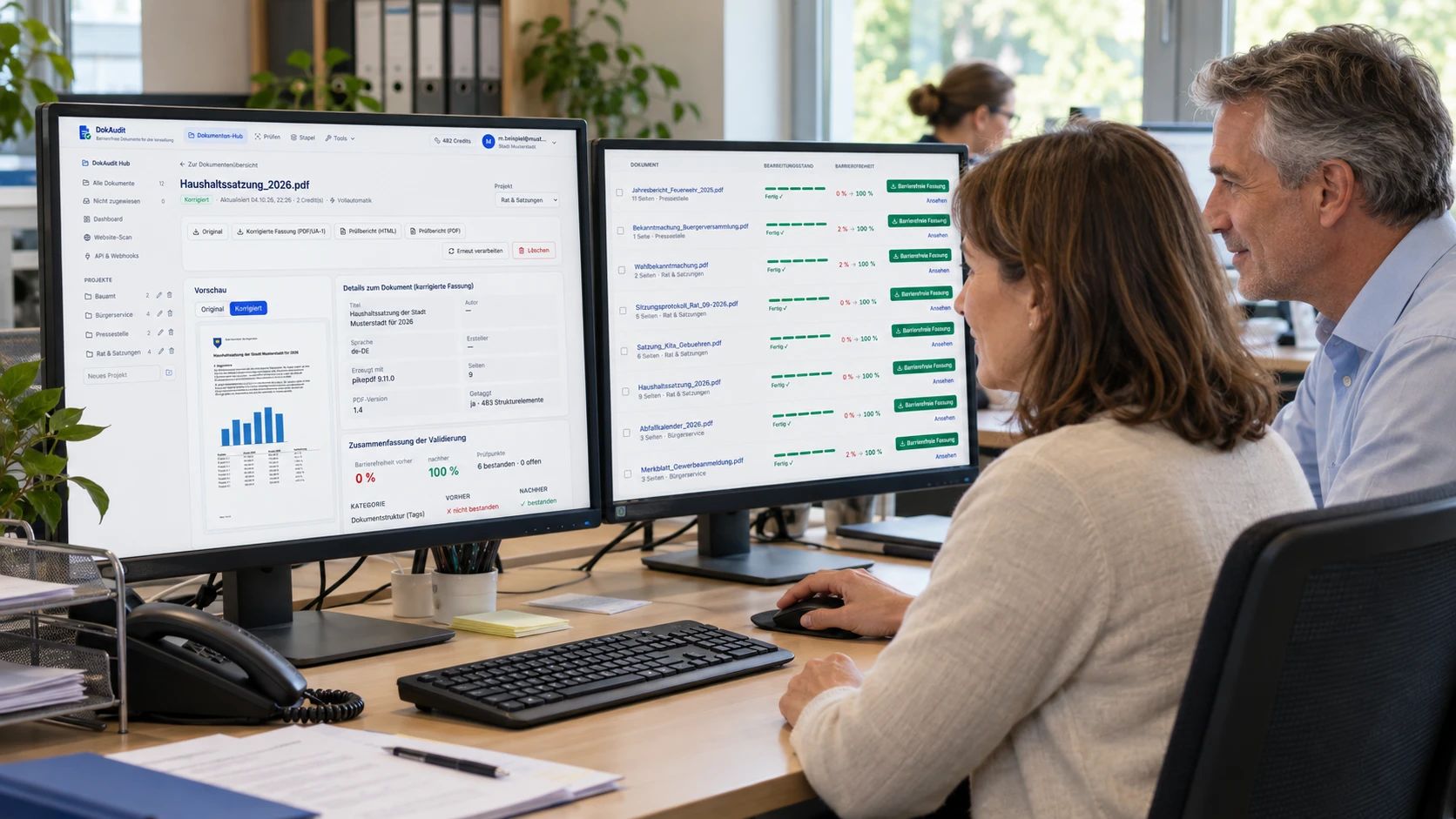 Two members of staff at a public administration working in the Document Hub: on the left the check report for a budget bylaw, on the right the document list with all documents at “Done”.