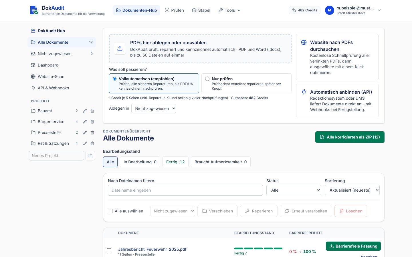 The Document Hub: drop zone for PDFs, choice between full automation and check only, projects in the sidebar and the document overview with processing status.