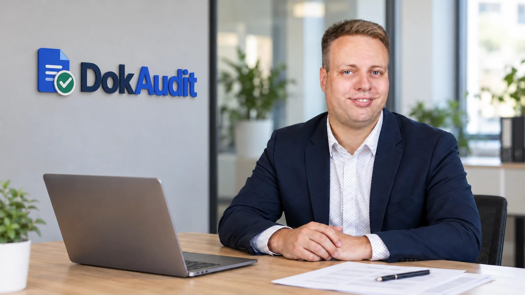 Nils Lappenbusch, founder of DokAudit, at his desk in front of the DokAudit logo.