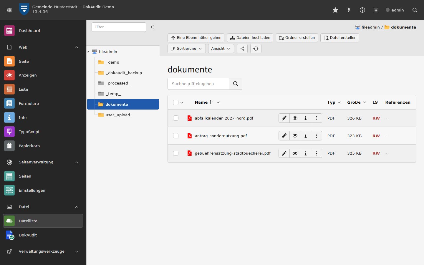 Recreated view of the live demo: TYPO3 file list of the sample municipality Musterstadt (in German), folder fileadmin/dokumente with three PDF files – the accessible versions keep the same file names
